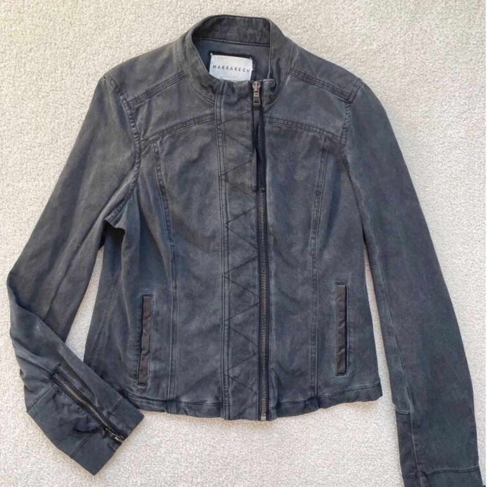 Marrakech Anthropologie distressed black Moto bomber biker Jacket,